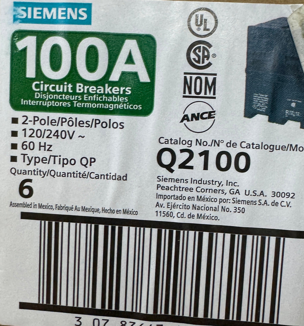 Siemens Q2100 - 100A 2-Pole Molded Case Circuit Breaker - NEW