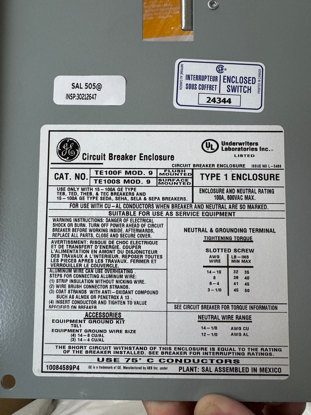 GE TE100S 100A 600VAC Safety Disconnect Circuit Breaker Enclosure - BRAND NEW