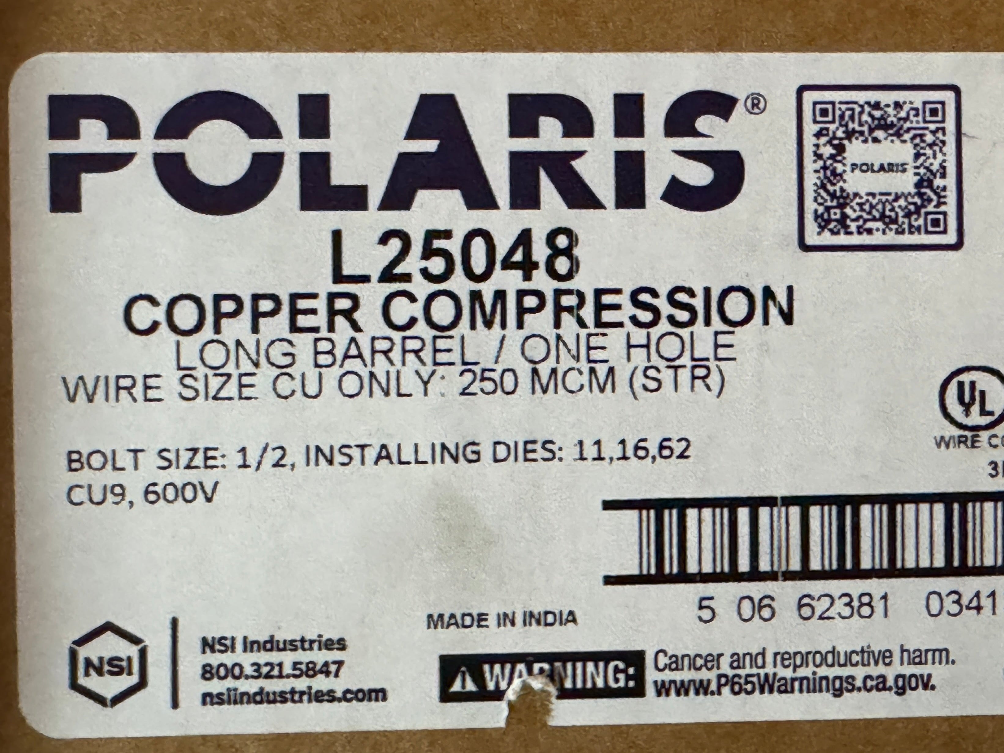 Polaris L25048 250 MCM 1/2" Bolt Copper CU Compression Lug NSI - NEW