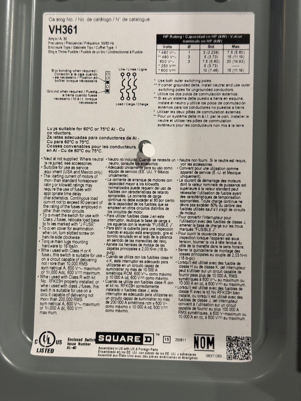 VH361 Square D Schneider Electric Heavy Duty Fused Safety Switch 600V 30A 3P NEW